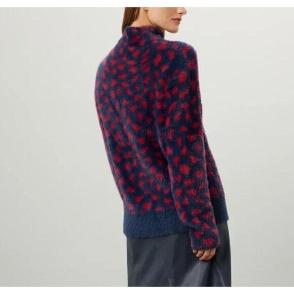 THAKOON Collective Sweater Womens Small Fuzzy S Navy Red Dot Printed Pullover - Picture 2 of 13